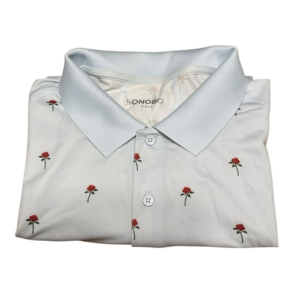 Bonobos Golf Men’s Sz XL Light Blue All over Rose patterned Golf Shirt Slim Fit